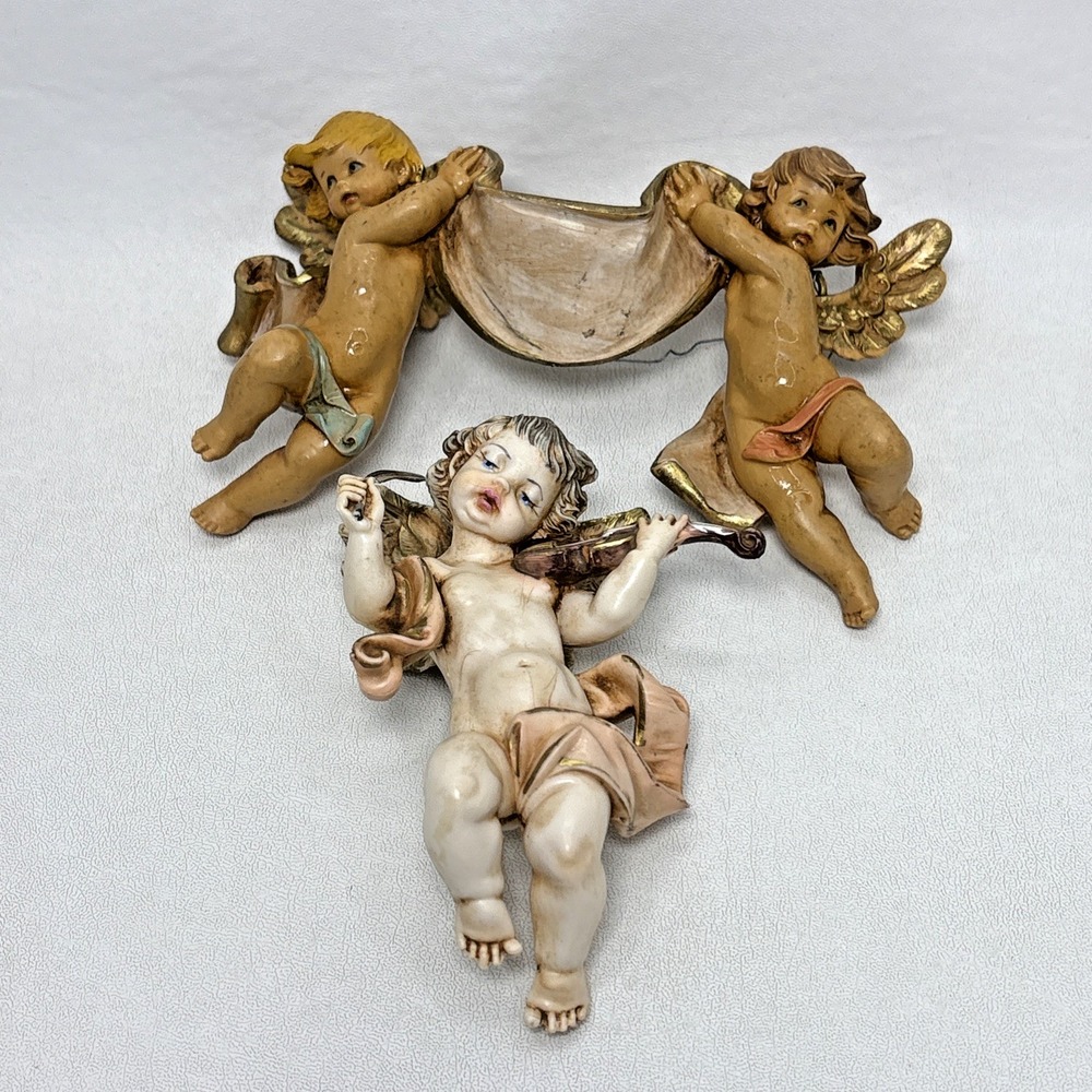 2 Fontanini Cherub Angel Depose Italy Simonetti Vintage Banner Violin Wall Hang‎